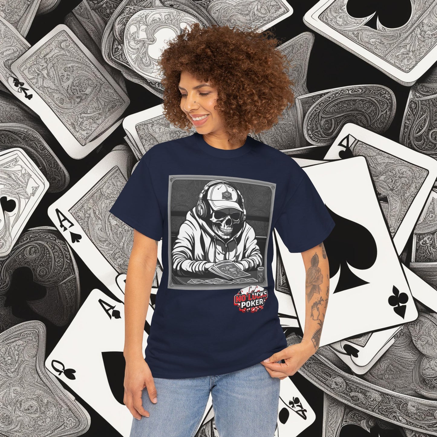 Poker Skull in hoodie and headphones unisex heavy cotton T-shirt No Lucks Given