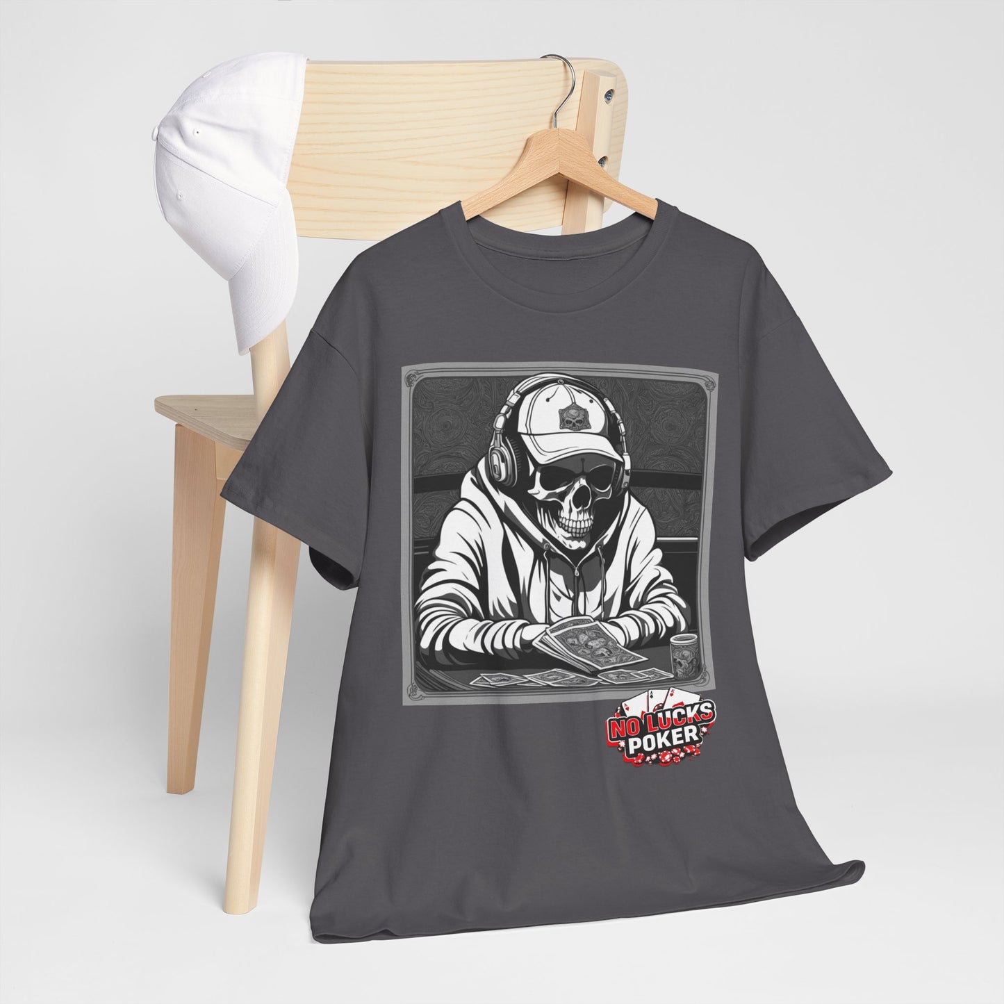 Poker Skull in hoodie and headphones unisex heavy cotton T-shirt No Lucks Given
