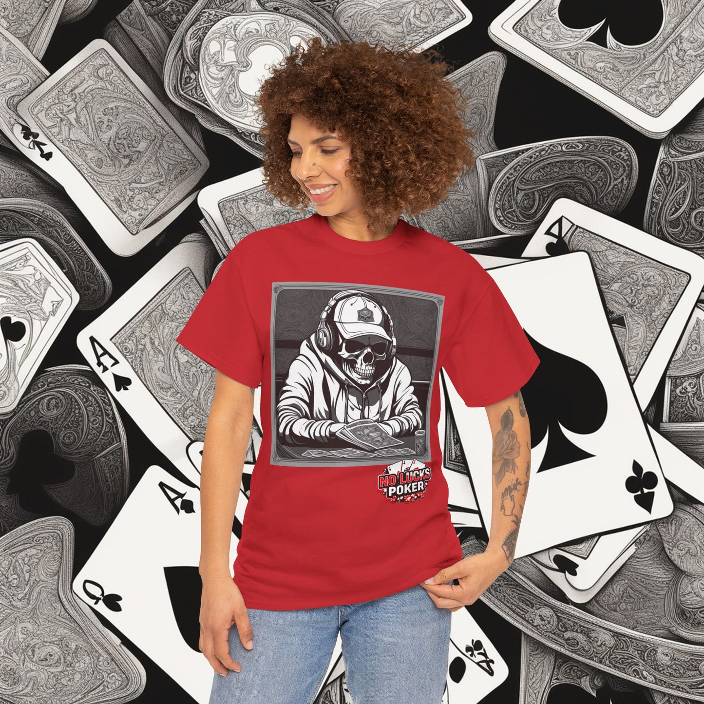 Poker Skull in hoodie and headphones unisex heavy cotton T-shirt No Lucks Given