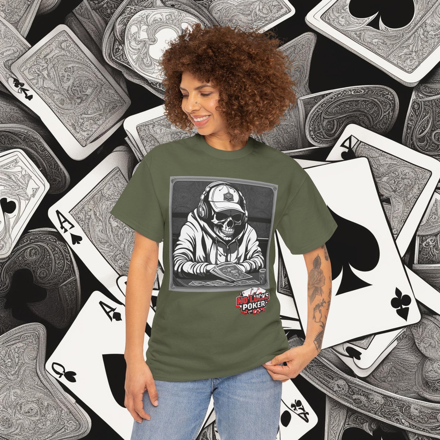 Poker Skull in hoodie and headphones unisex heavy cotton T-shirt No Lucks Given